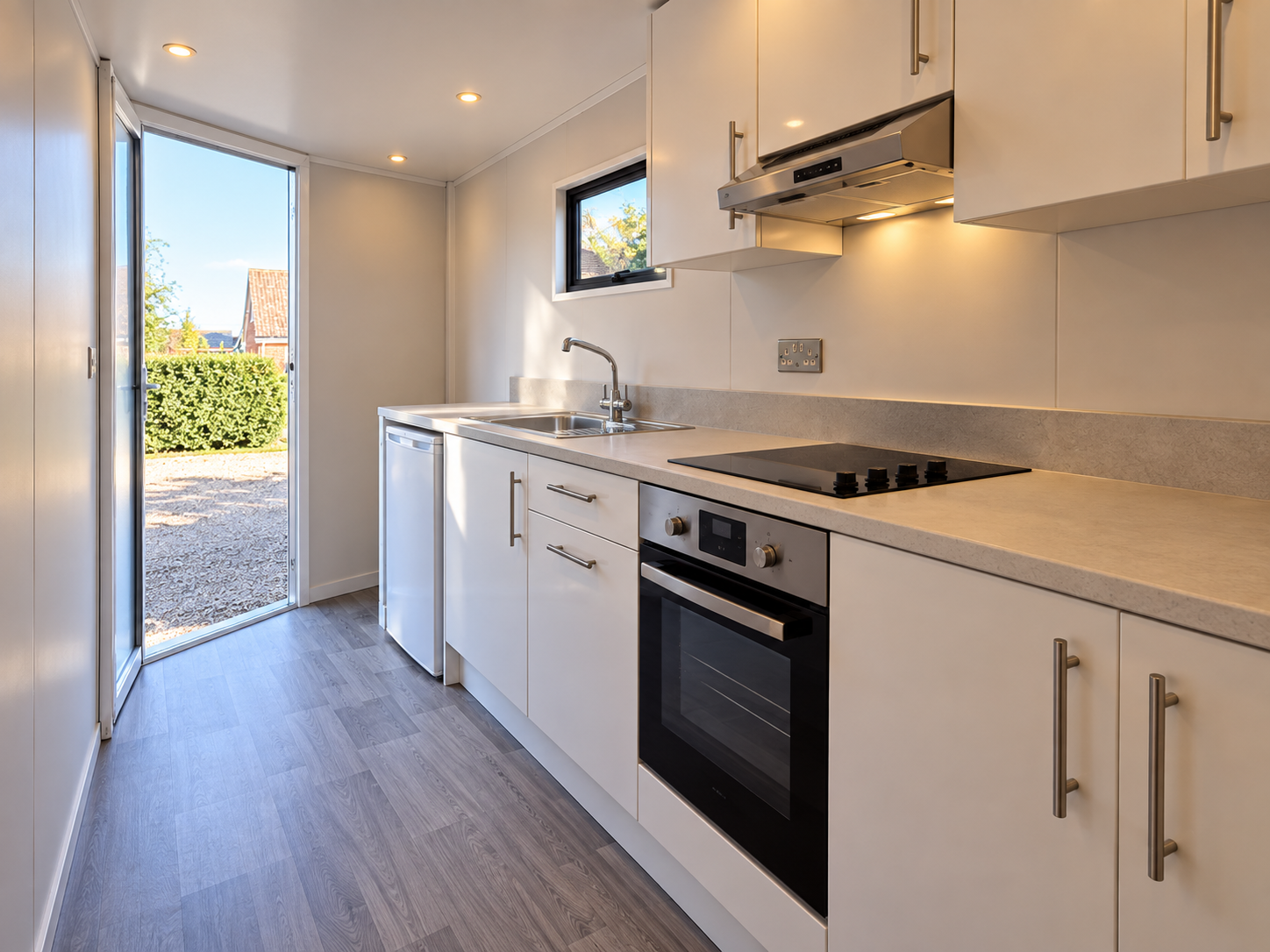 Bright fitted interior of the Kitchen Flex trailer